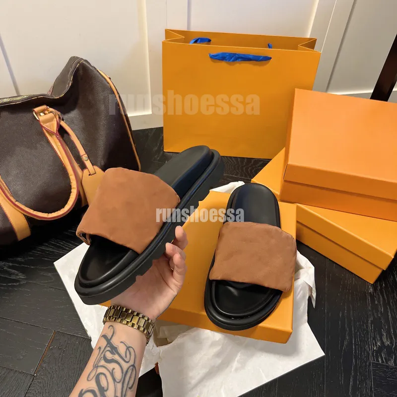 2023 Pool Pillow Mules Mujeres Diseñadores Sandalias Sunset Flat Comfort Mules Acolchado Correa delantera Zapatillas Moda Fácil 