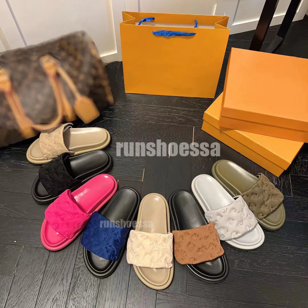 2023 Pool Pillow Mules Mujeres Diseñadores Sandalias Sunset Flat Comfort Mules Acolchado Correa delantera Zapatillas Moda Fácil 