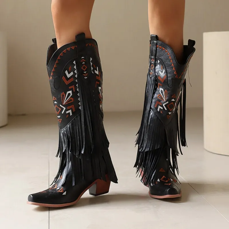 2024 Mujeres Tassel Vintage Bordado Vaquero Occidental Otoño Invierno Moda de longitud gruesa botas largas 34-48