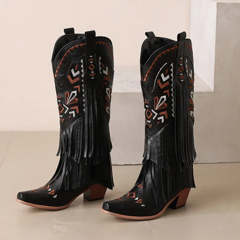 2024 Mujeres Tassel Vintage Bordado Vaquero Occidental Otoño Invierno Moda de longitud gruesa botas largas 34-48