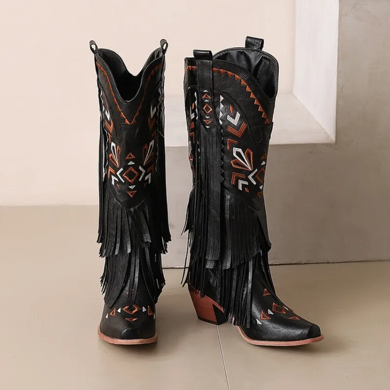 2024 Mujeres Tassel Vintage Bordado Vaquero Occidental Otoño Invierno Moda de longitud gruesa botas largas 34-48