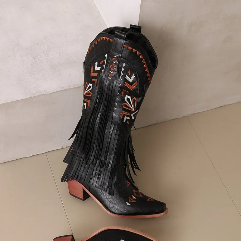 2024 Mujeres Tassel Vintage Bordado Vaquero Occidental Otoño Invierno Moda de longitud gruesa botas largas 34-48