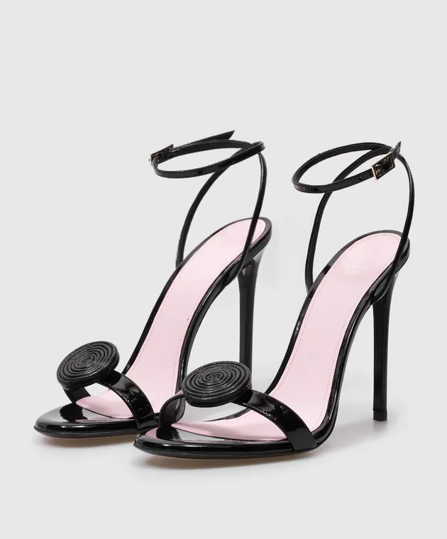 Alevi Milano Benny black patent leather sandals with textured appliqué