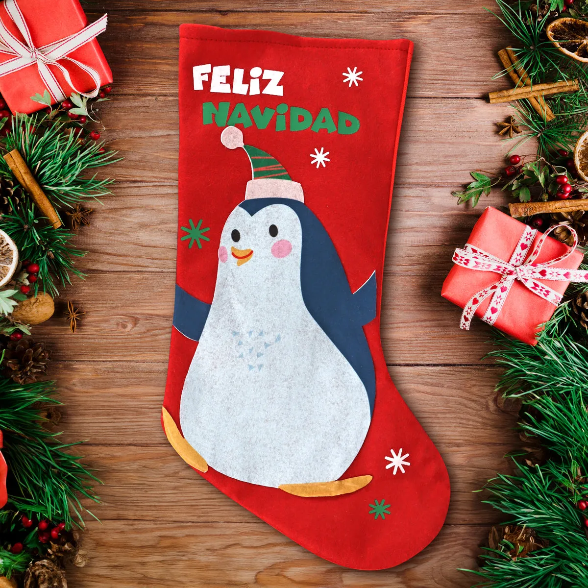 Bota con Diseo de Pingüino Feliz Navidad