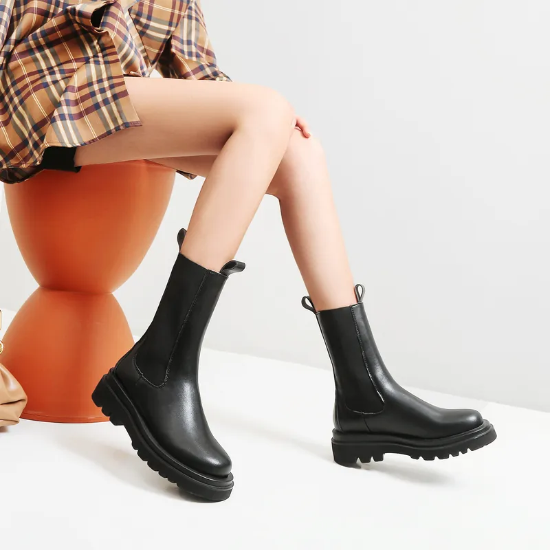 Botas de media pantorrilla para mujer, novedad de 2021, primavera Otoño Invierno, plataforma de cuero genuino, peso ligero, forr