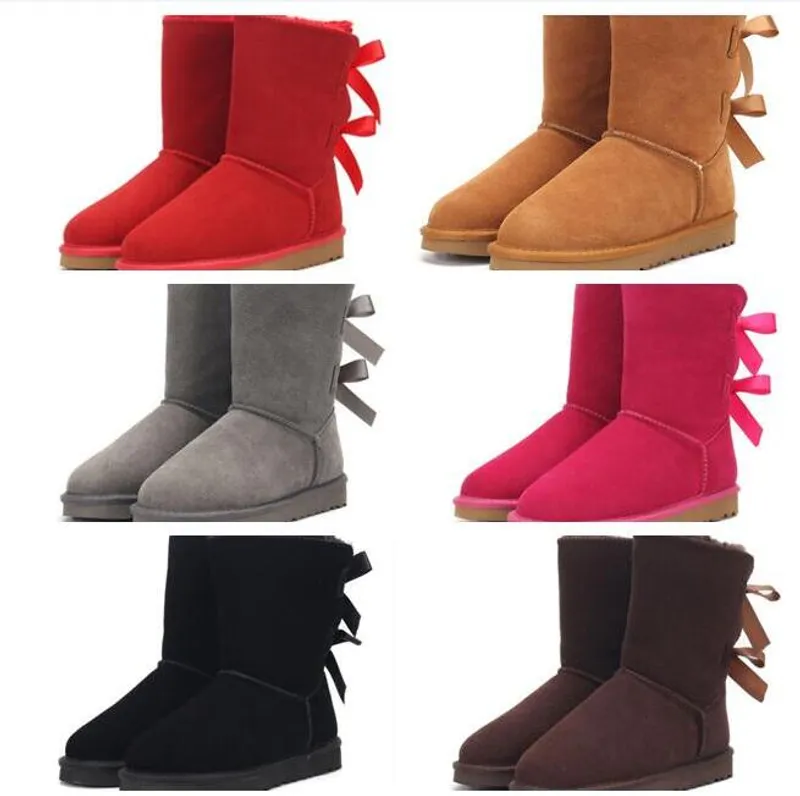 Botas de nieve para mujer con lazo medio U3280 de cuero genuino, botas suaves y cómodas de piel de oveja que mantienen el calor,