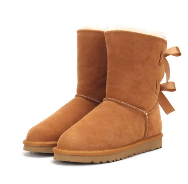 Botas de nieve para mujer con lazo medio U3280 de cuero genuino, botas suaves y cómodas de piel de oveja que mantienen el calor,