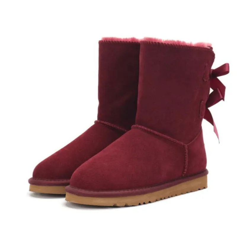 Botas de nieve para mujer con lazo medio U3280 de cuero genuino, botas suaves y cómodas de piel de oveja que mantienen el calor,