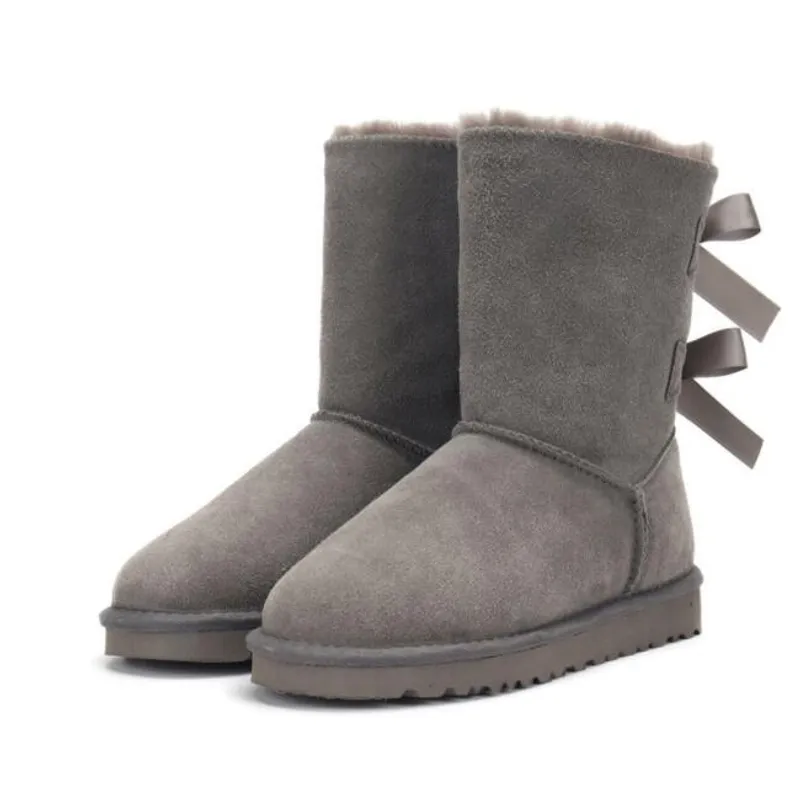 Botas de nieve para mujer con lazo medio U3280 de cuero genuino, botas suaves y cómodas de piel de oveja que mantienen el calor,