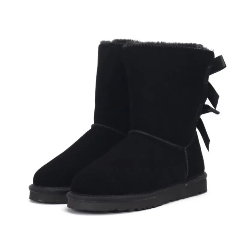 Botas de nieve para mujer con lazo medio U3280 de cuero genuino, botas suaves y cómodas de piel de oveja que mantienen el calor,