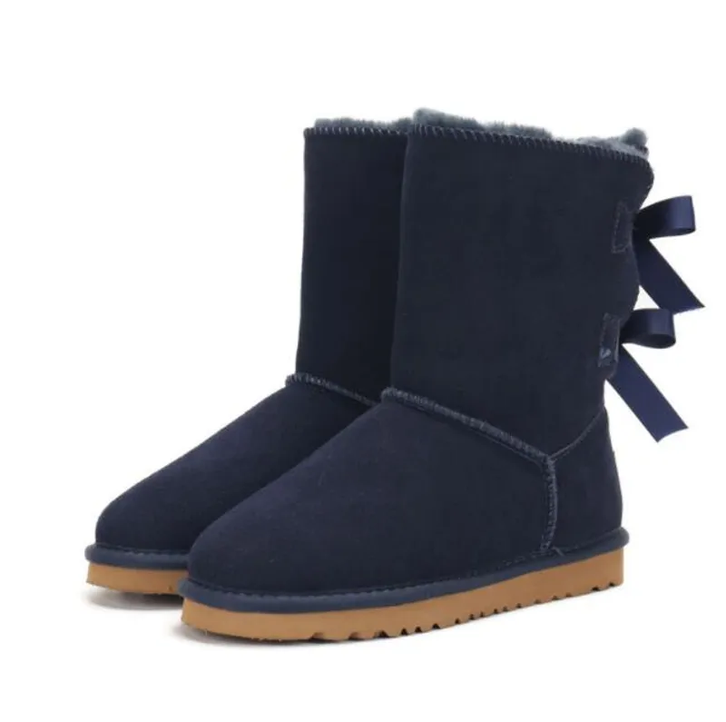 Botas de nieve para mujer con lazo medio U3280 de cuero genuino, botas suaves y cómodas de piel de oveja que mantienen el calor,