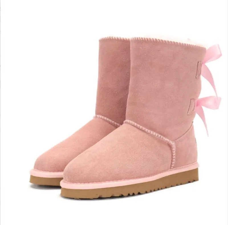 Botas de nieve para mujer con lazo medio U3280 de cuero genuino, botas suaves y cómodas de piel de oveja que mantienen el calor,