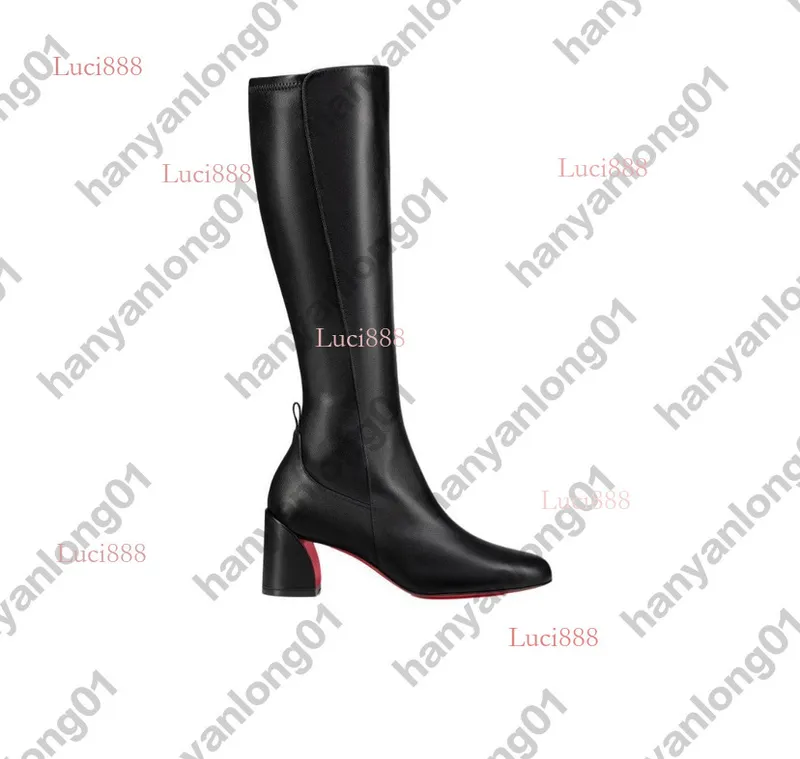 Botas de tacón rojo Bd Bottom Woman Riebre sobre la rodilla Tisos High Lady Sexy Invierno de cuero negro Martin Booties cortos B