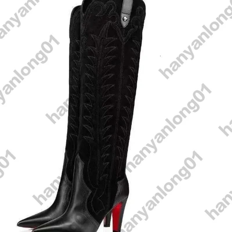 Botas de tacón rojo Bd Bottom Woman Riebre sobre la rodilla Tisos High Lady Sexy Invierno de cuero negro Martin Booties cortos B