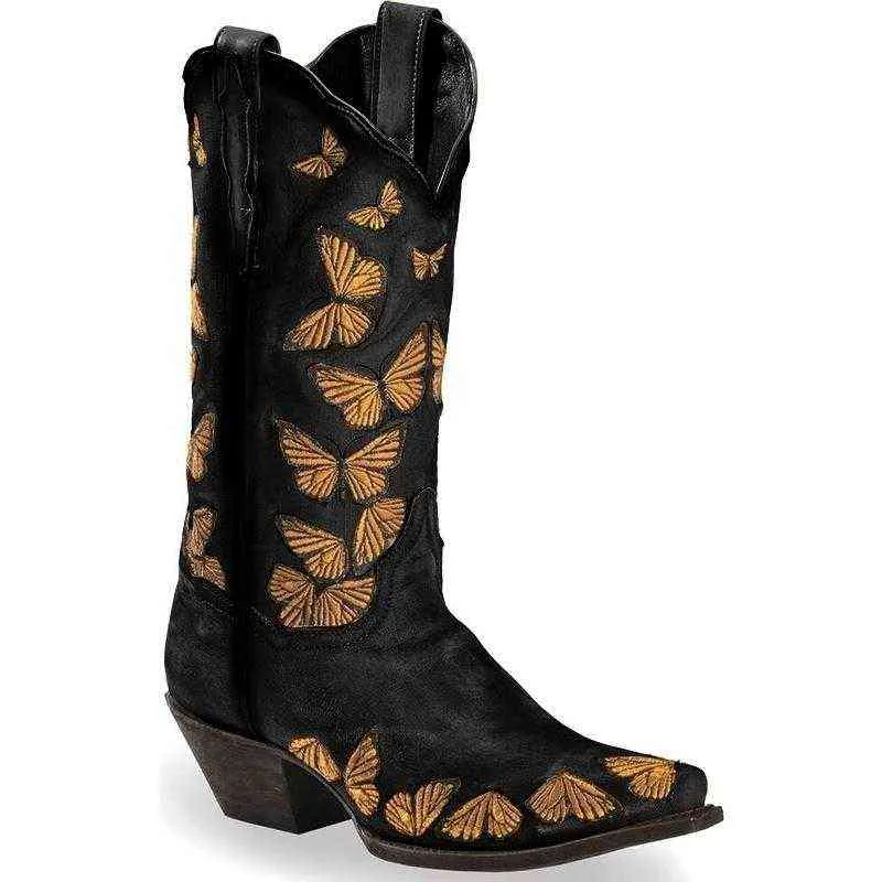 Botas de vaquera de mariposa bordada para mujeres Western Womens Retro Knee High Handmade Cowboy gran tamaño H1102