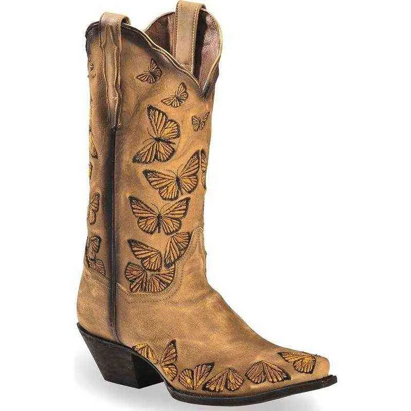 Botas de vaquera de mariposa bordada para mujeres Western Womens Retro Knee High Handmade Cowboy gran tamaño H1102