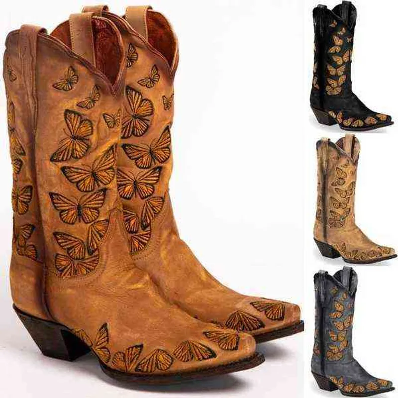 Botas de vaquera de mariposa bordada para mujeres Western Womens Retro Knee High Handmade Cowboy gran tamaño H1102