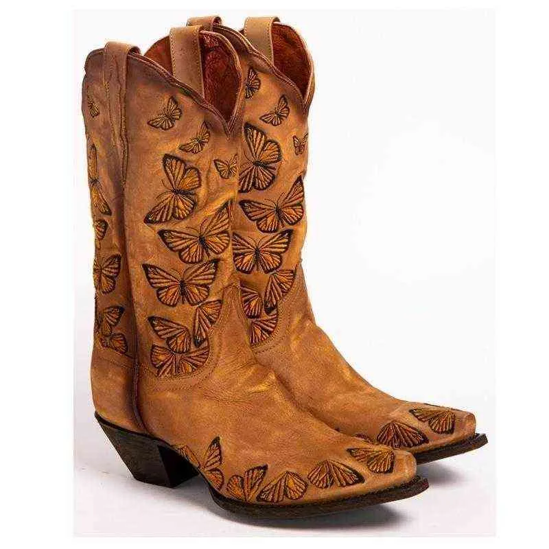 Botas de vaquera de mariposa bordada para mujeres Western Womens Retro Knee High Handmade Cowboy gran tamaño H1102