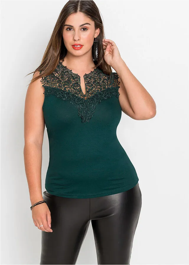 Camiseta con encaje Verde oscuro