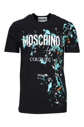 Camiseta negra con maxilogo couture milano con splash multicolor