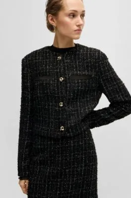 Chaqueta sin cuello en tweed con efecto brillante