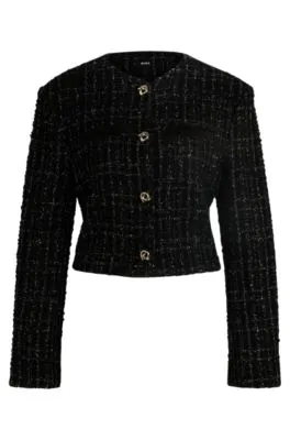 Chaqueta sin cuello en tweed con efecto brillante