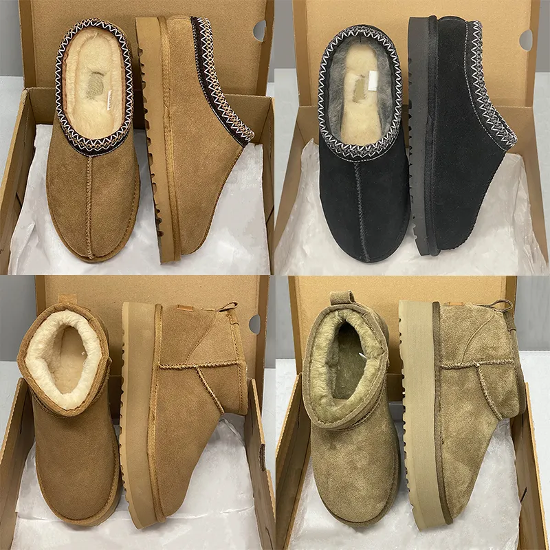 Con caja de zapatillas de piel de lujo mujeres Tasman Slides Tazz Slipper Mostaza Ultra Mini Plataforma Mezcla de lana de gamuza