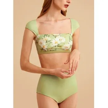 Conjunto de bikini de talle alto con estampado floral verde