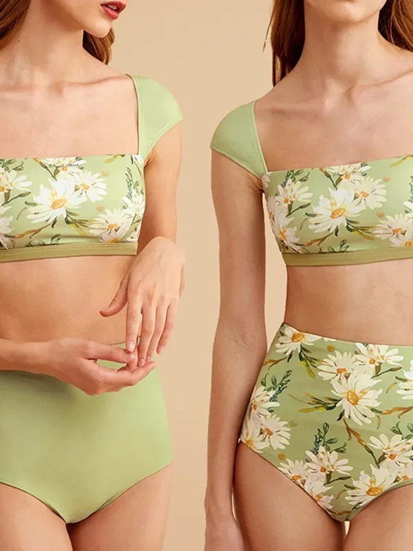 Conjunto de bikini de talle alto con estampado floral verde