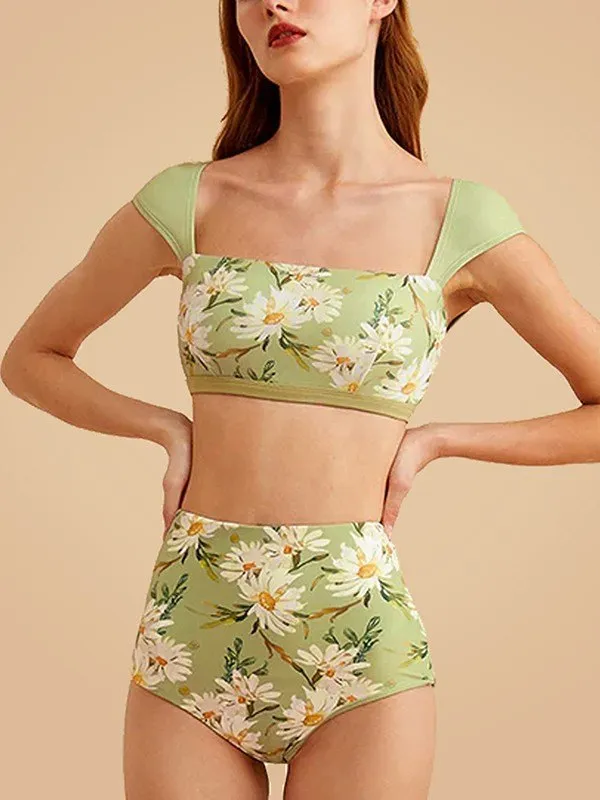 Conjunto de bikini de talle alto con estampado floral verde