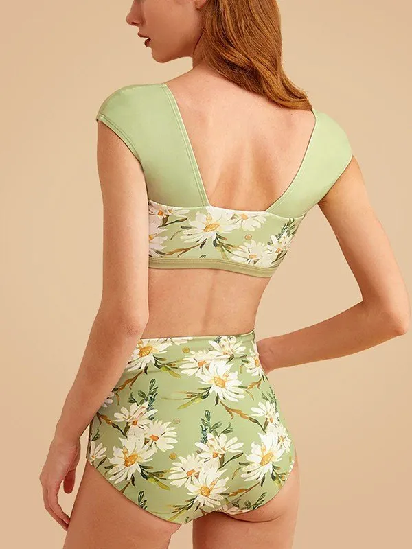 Conjunto de bikini de talle alto con estampado floral verde