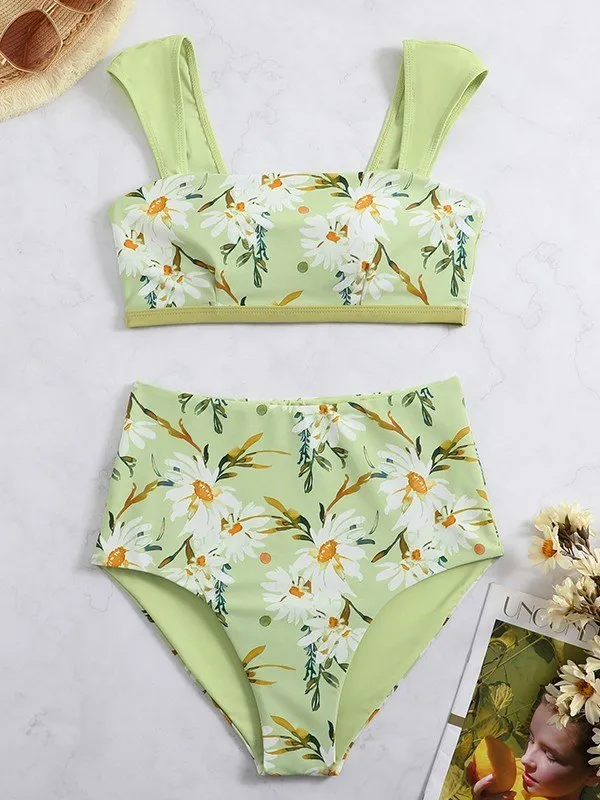 Conjunto de bikini de talle alto con estampado floral verde