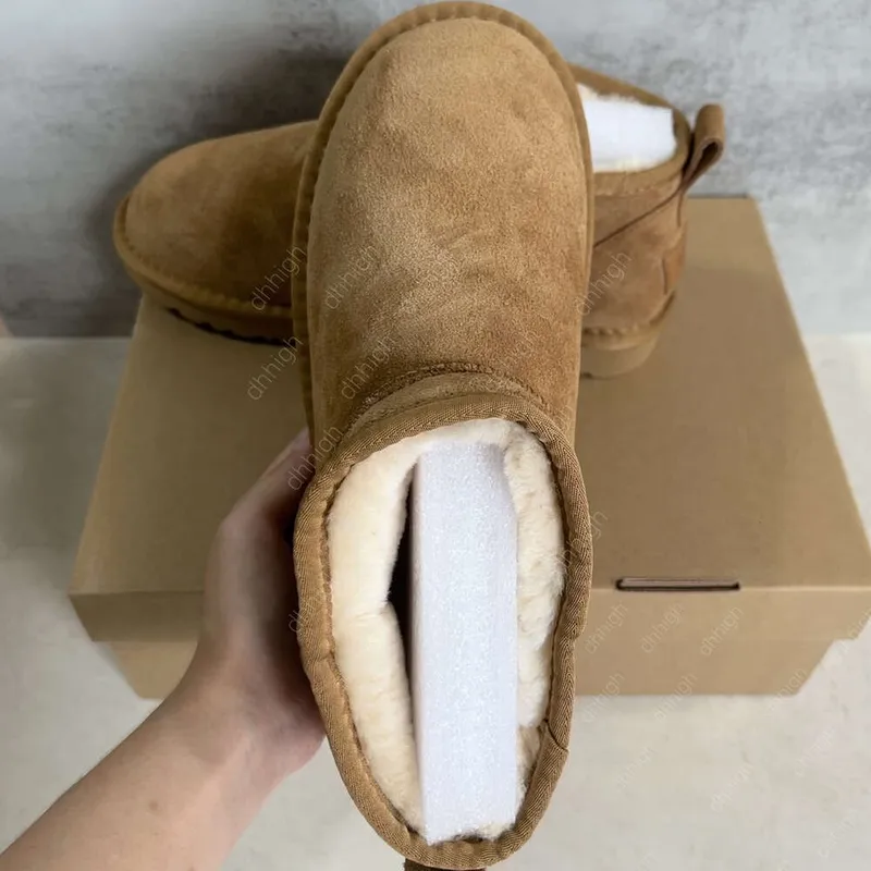 Diseñador Tazz Slippers Ultra Mini Botas Plataforma de botas de nieve Uggg Mujeres Menores Fur de piel de oveja Tasman Castaño M