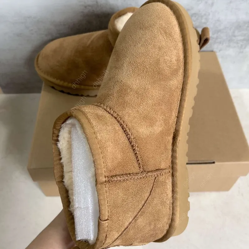 Diseñador Tazz Slippers Ultra Mini Botas Plataforma de botas de nieve Uggg Mujeres Menores Fur de piel de oveja Tasman Castaño M