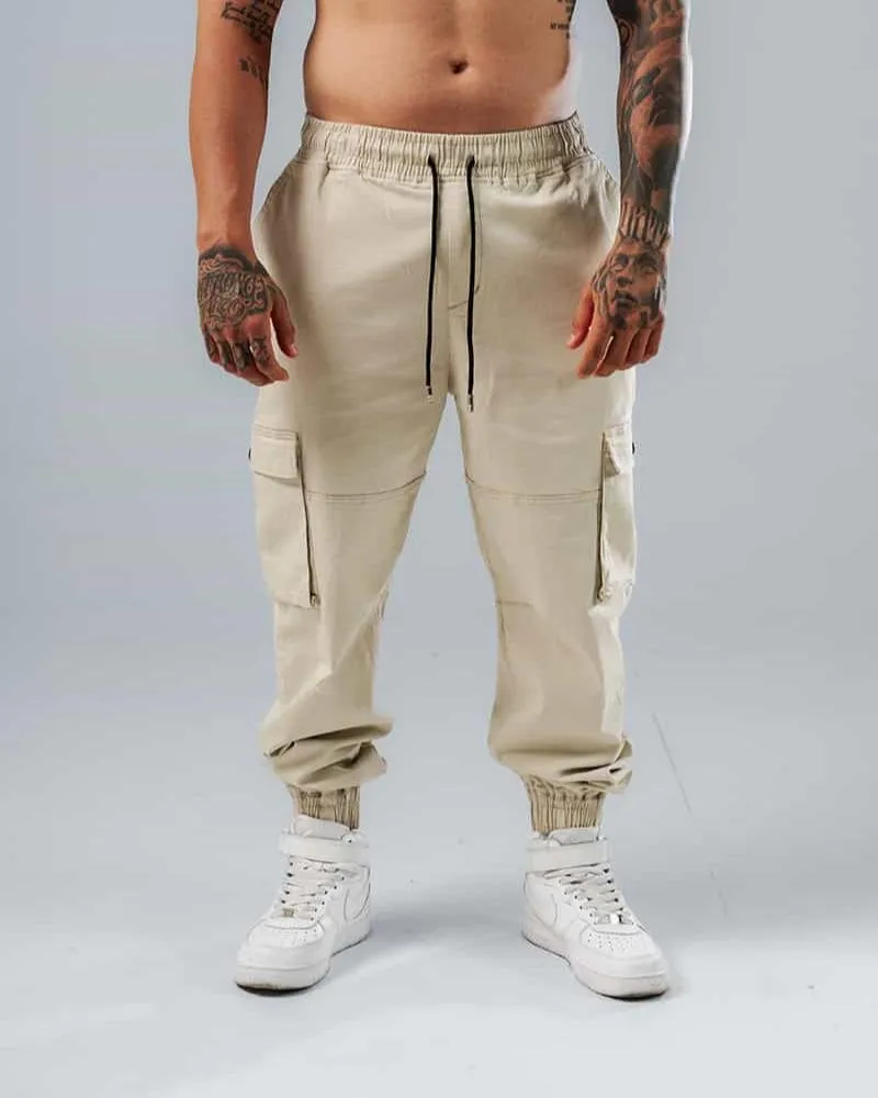 Jogger Para Hombre Cargo Beige Con Bolsillos Laterales