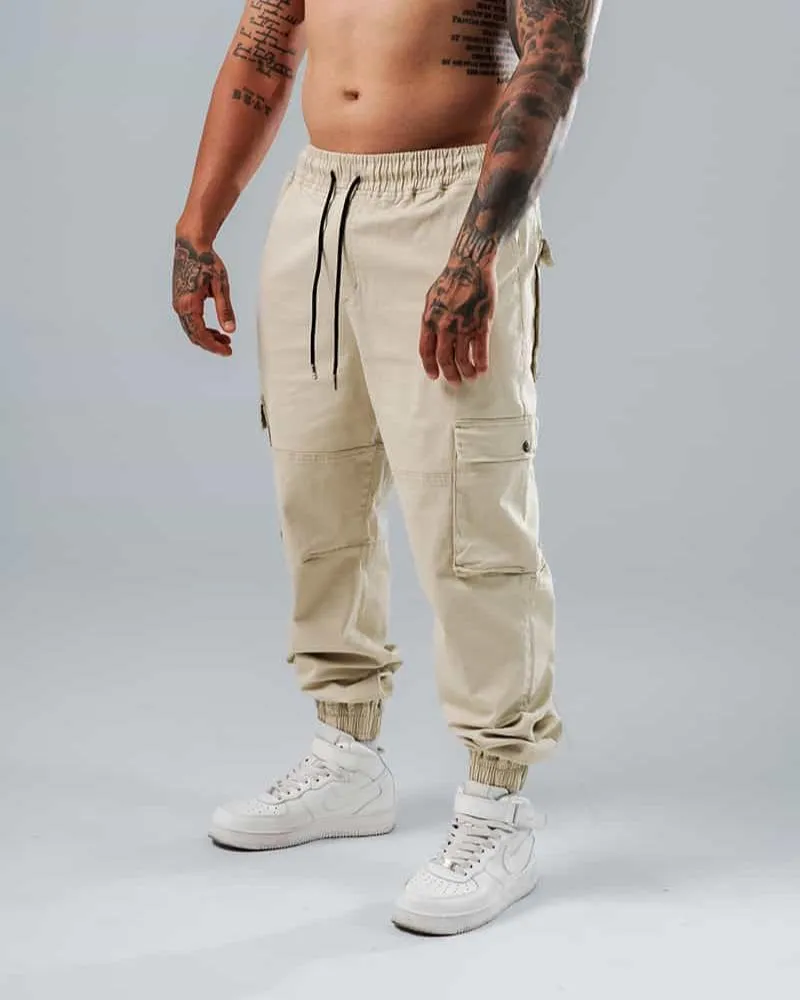 Jogger Para Hombre Cargo Beige Con Bolsillos Laterales