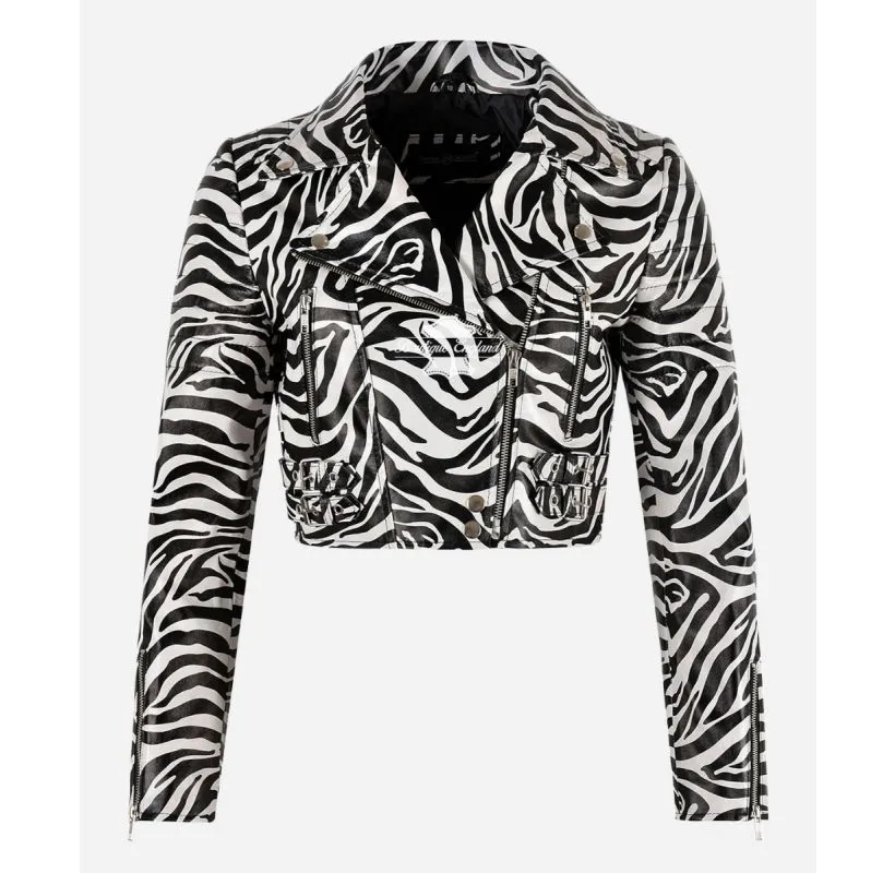 MISSY Cropped Leather Biker Jacket For Women Zebra Print