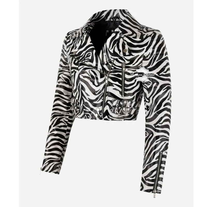 MISSY Cropped Leather Biker Jacket For Women Zebra Print