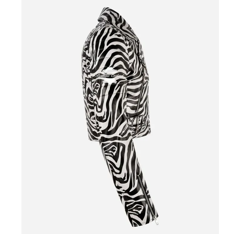 MISSY Cropped Leather Biker Jacket For Women Zebra Print