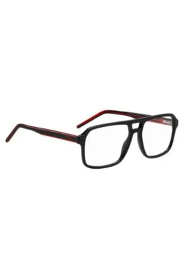 Montura negra para gafas graduadas con puente doble y detalles en rojo