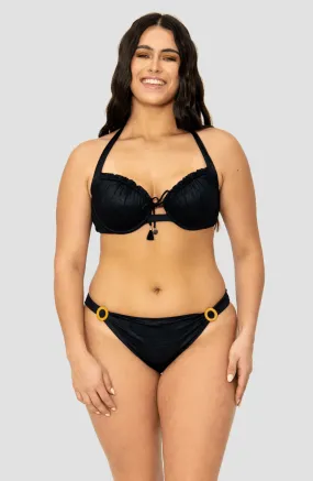 Negro Textura y Tela Brillosa Alma Viajera, Conjunto Bikini