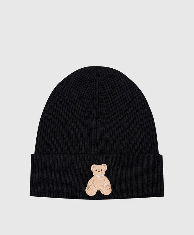 Palm Angels Black Bear In Mind wool cap with logo embroidery