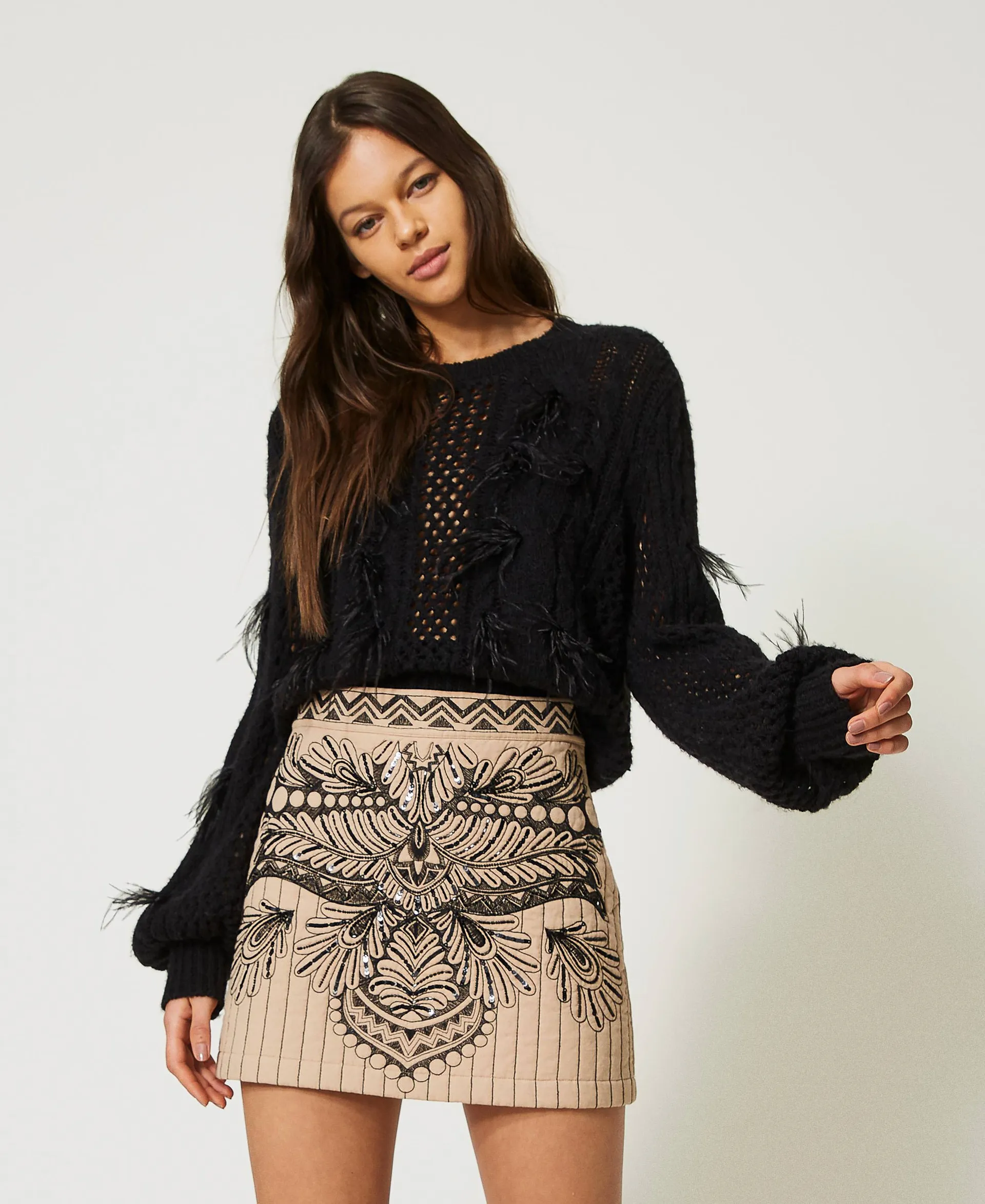 Pull en laine et alpaga avec plumes