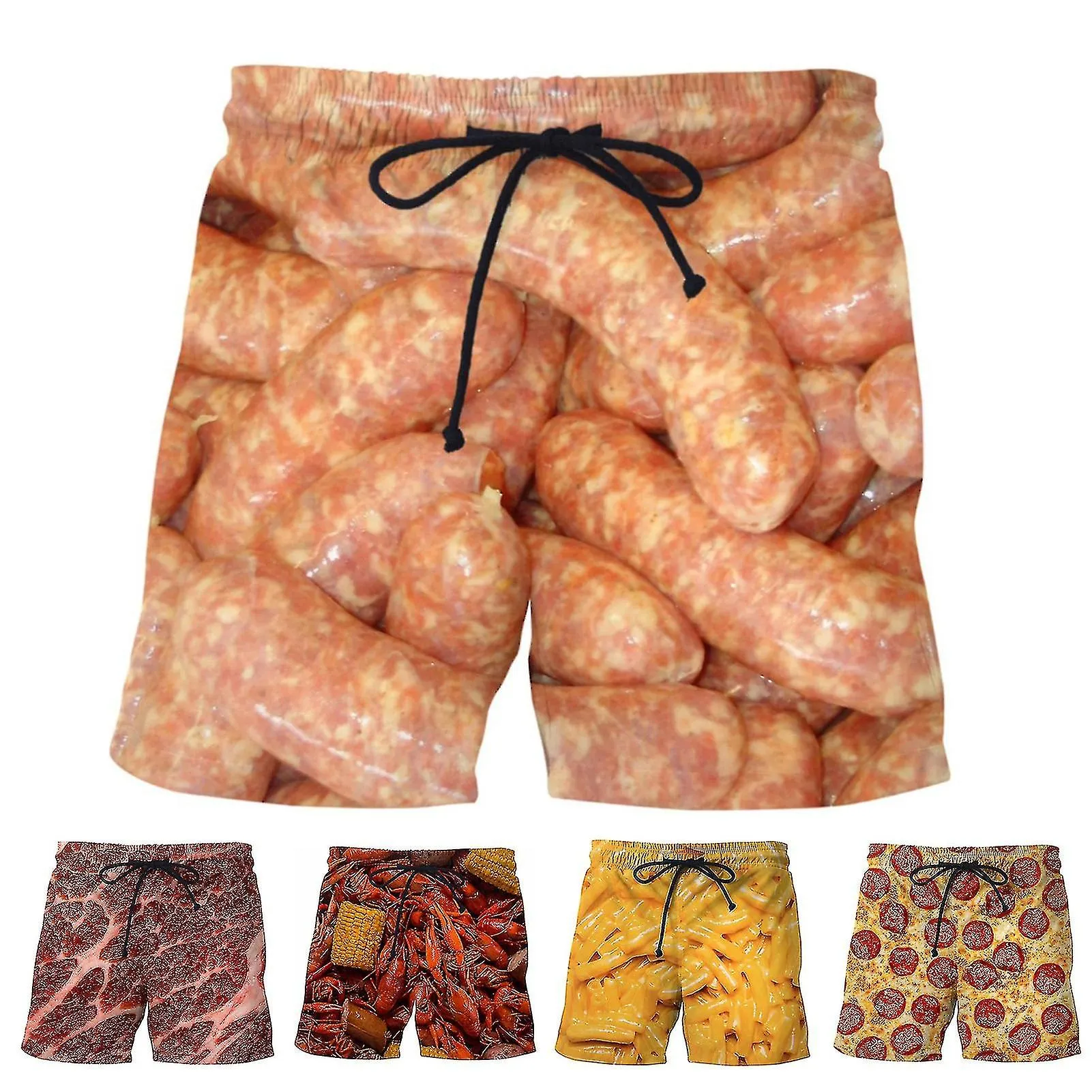 Sausage Print Men Shorts Wide Leg Elastic Waist Drawstring Food Shorts