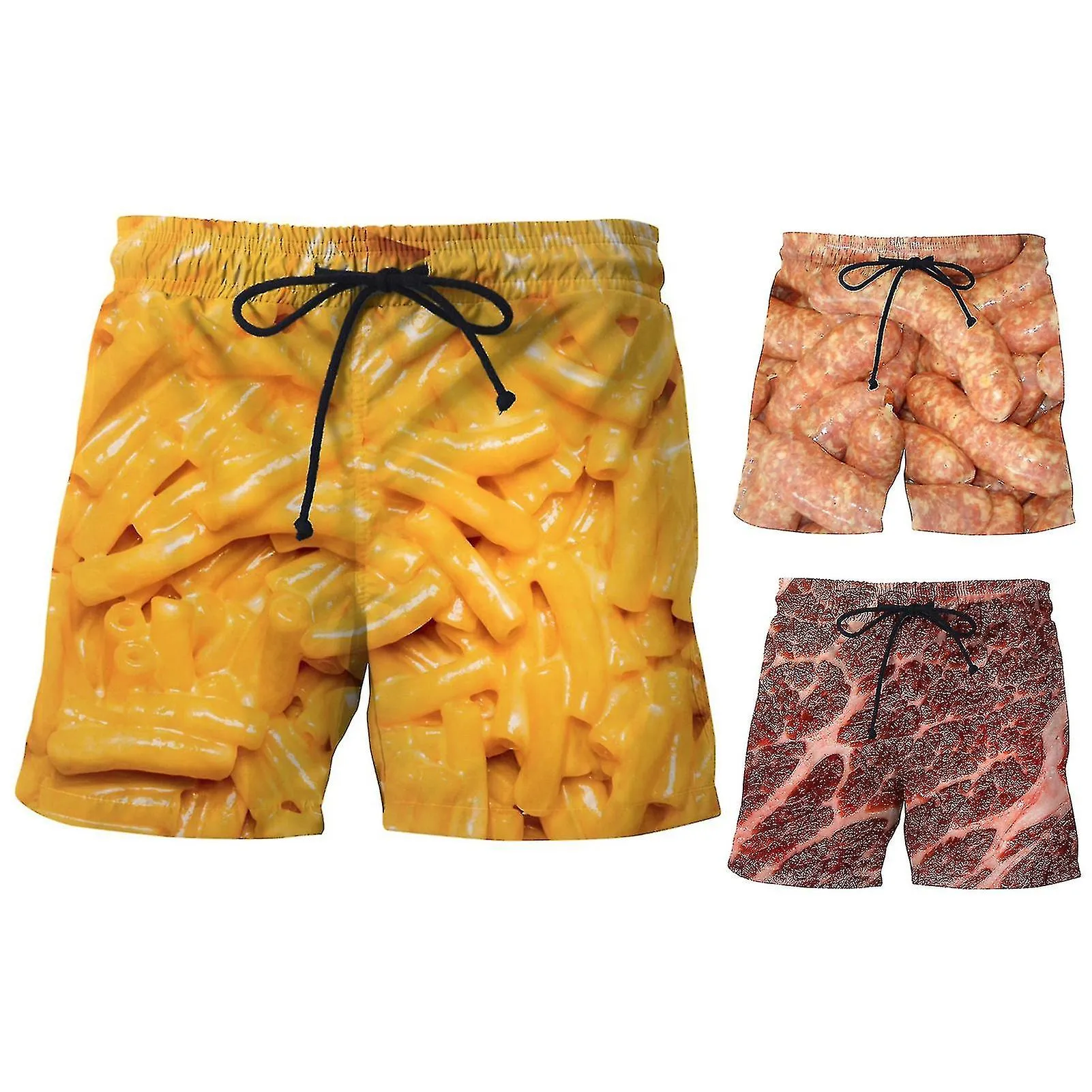 Sausage Print Men Shorts Wide Leg Elastic Waist Drawstring Food Shorts