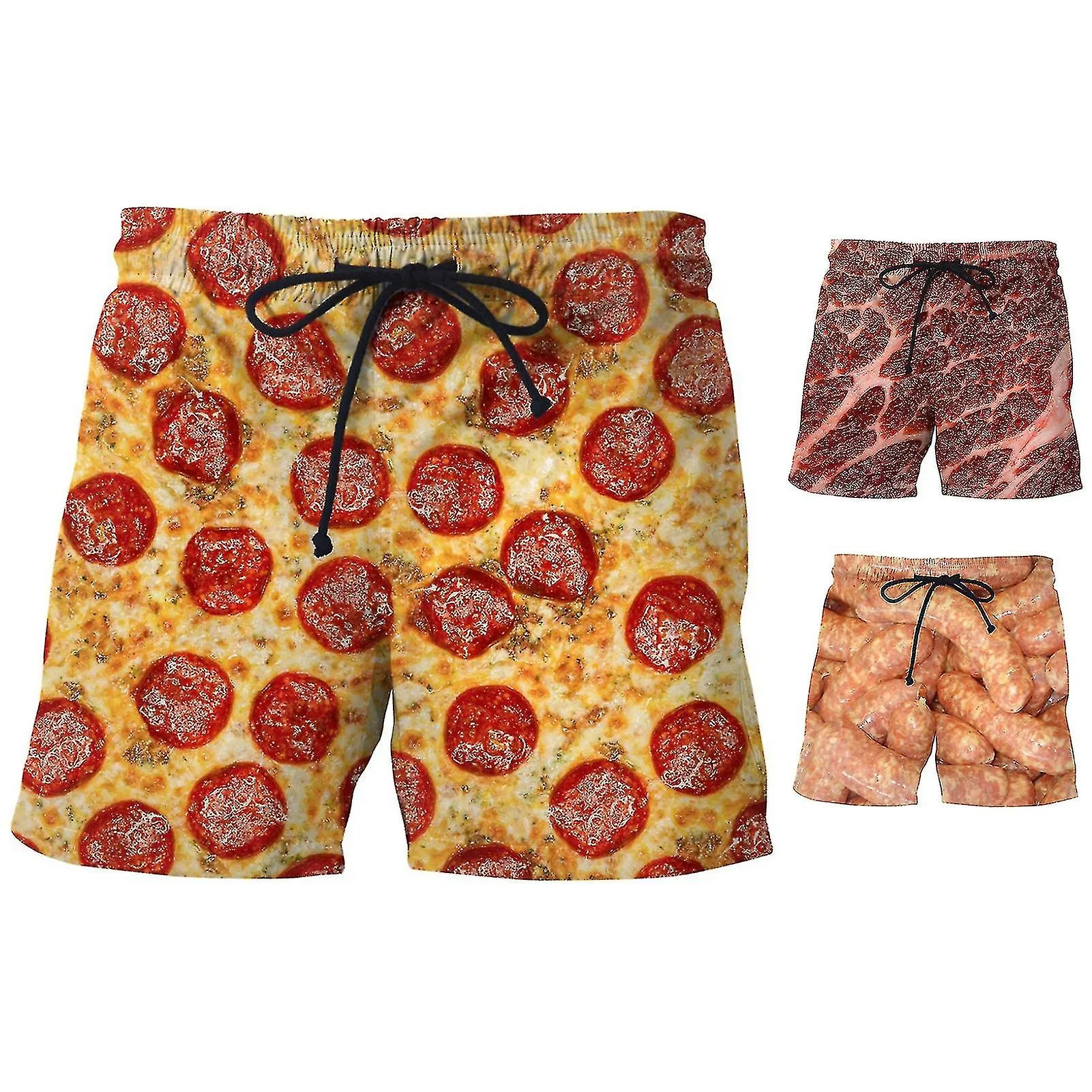 Sausage Print Men Shorts Wide Leg Elastic Waist Drawstring Food Shorts