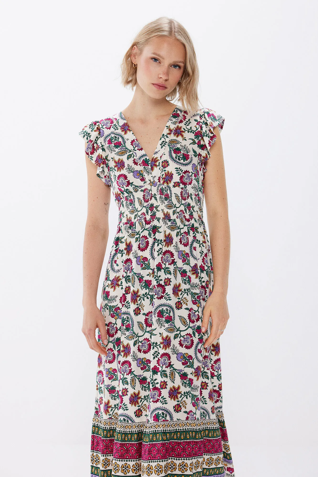 Springfield Vestido midi estampado flor y cenefa