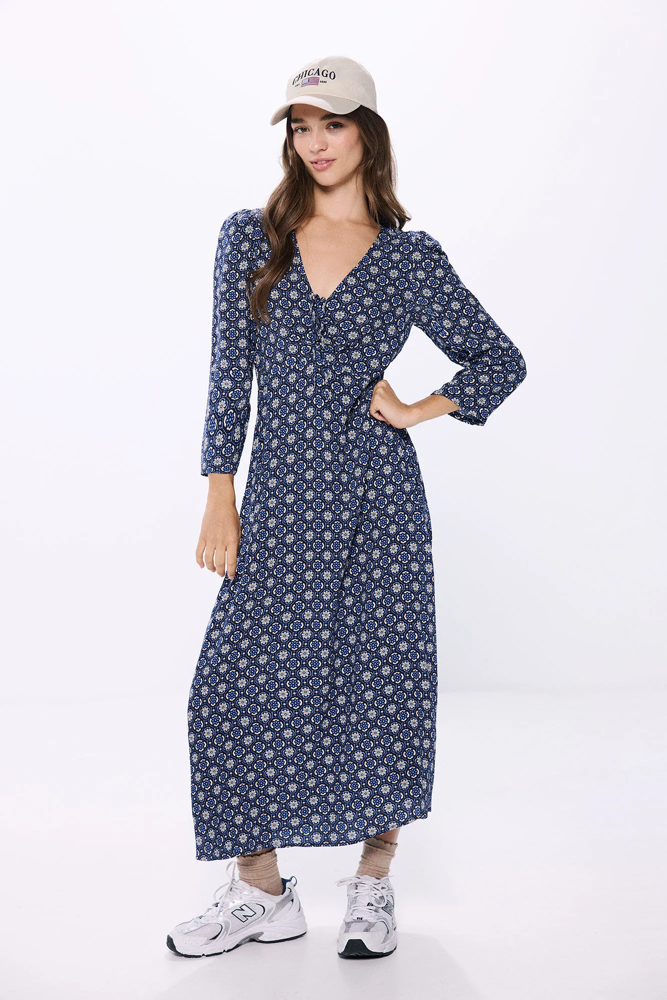 Springfield Vestido midi nudo escote estampado