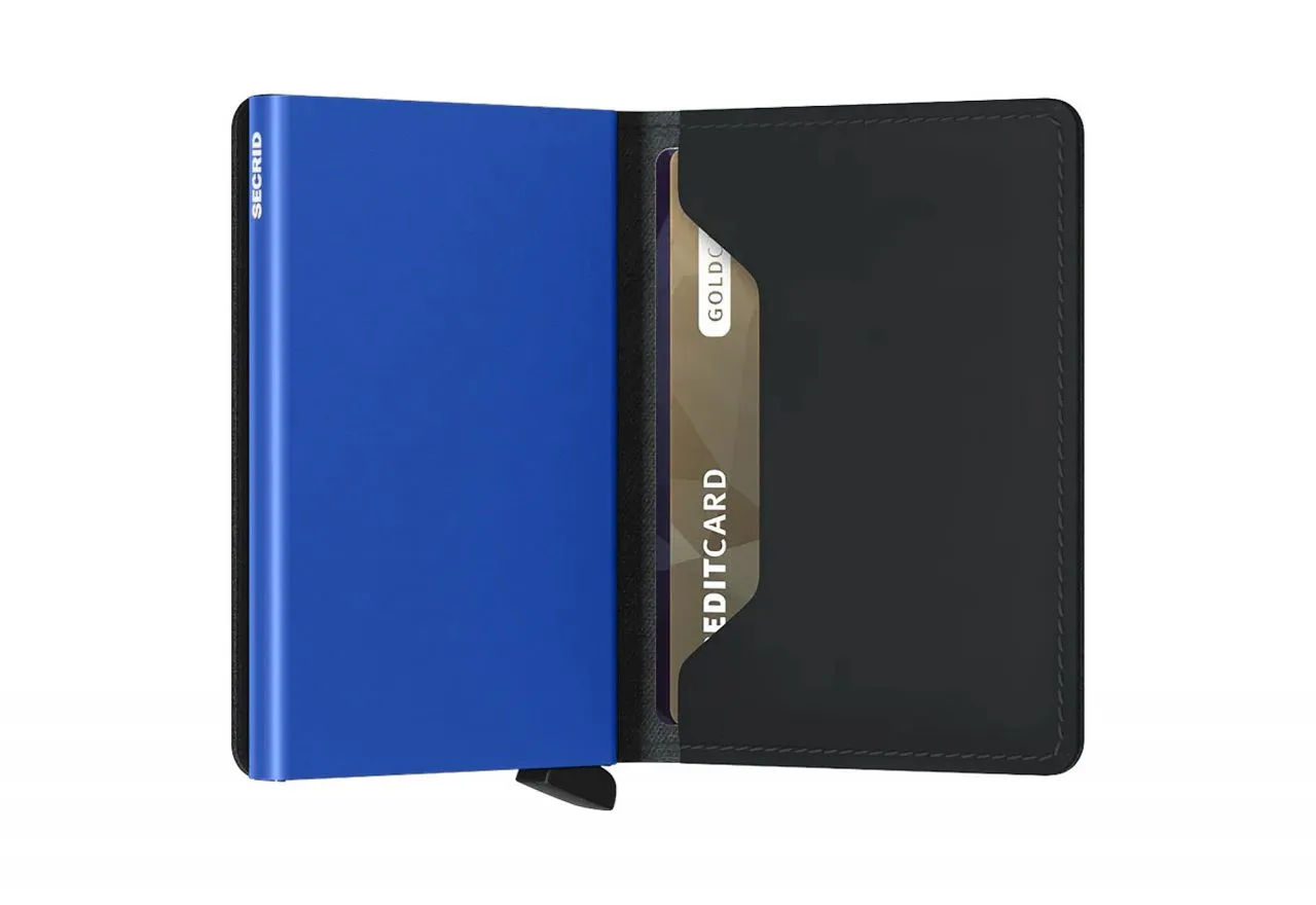 Tarjetero Miniwallet Negro Pespuntes Azules Interior Azul