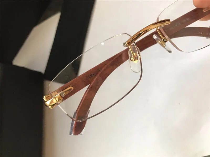 Venta al por mayor, nuevo diseño de moda, gafas ópticas sin marco, lentes retro transparentes, patas de madera, estilo de negoci